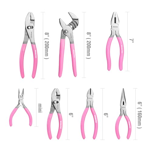 WORKPRO 7-Piece Pliers Set - Pink Ribbon | Groove Joint Plier, Long Nose Plier, Slip Joint Pliers, Linesman Pliers, Diagonal Pliers for DIY & Home Use - color: Gray, Pink