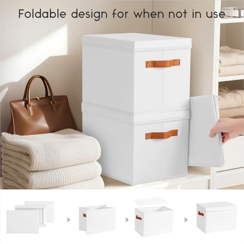 Homsorout Storage Bins with Lids - Fabric Storage Baskets for Shelves, 4 Pack Foldable Decorative Boxes with Handles, Stackable Organizer Bins for Home, Nursery, Dorm, White - color: White, size: L(4-Pack)