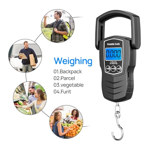 75Kg/165Lb Digital Luggage Scale for Travel, Fishing Weight Scale Unit with 1.5M Measuring Tape, Suitcase Weight Unit Can Switch Kg/Lb/Jin/Oz 4 Units, with Hook, Battery Included - color: black