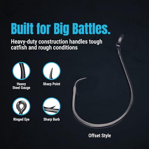 Reaction Tackle Heavy Wire Catfish Hooks - High Carbon Steel for Channel, Blue and Flathead Catfish - Sharp Offset Point, Freshwater and Saltwater Fishing (25-Pack) - size: #2/0