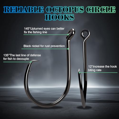 Heavyweight Catfish Hooks/Glow in The Dark Octopus Hooks,50/104pcs, 4X Strong Hooks Size 1-10, Black Nickel/Fluorescent Fishing Hooks for Large Fish, Saltwater Freshwater Use - color: Black nickel, size: 3/0-50pcs