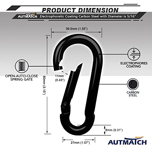 AUTMATCH Carabiner Clips, 3" Spring Snap Hook Caribeener Clips Buckle Pack Grade Heavy Duty Carabiners Quick Link for Camping, Fishing, Hiking, Traveling, 4 Pack - style: Carbon Steel - Black