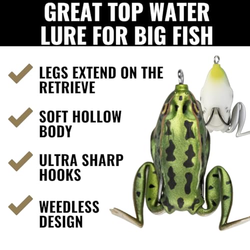 LUNKERHUNT Frog Lure for Bass Fishing | Pocket Frog Fishing Lure 1.75 Inch | Topwater Fishing Lures, Soft Hollow Body, Weedless Hooks for Trout, Pike in Saltwater and Fresh Water - style: Green Tea