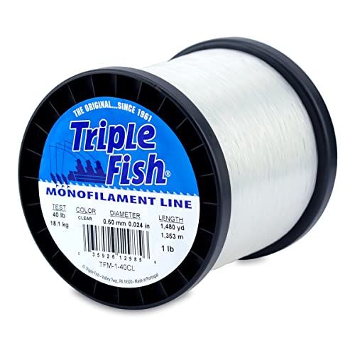 Triple Fish Monofilament Fishing Line - Strong Clear Pink Camo Color for Trolling, Bottom Fishing, Casting Main Line Catfish, Bass - color: Clear, style: 40 Lb Test / 1 Lb Spool