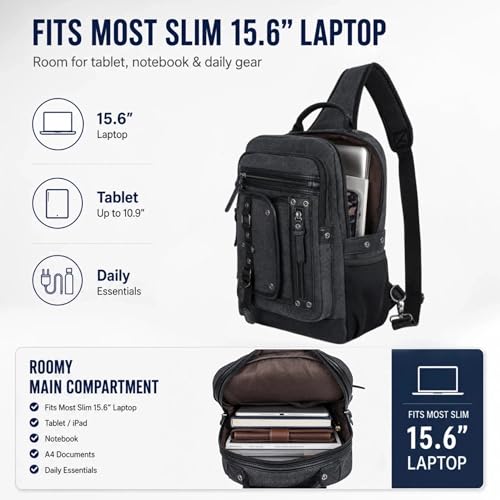 Cross Body Bag for Men: Large Canvas Sling Backpack Messenger Bag Fits 15.6 Inch Laptop for Work Commute - color: Black, size: Large