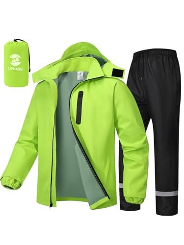SaphiRose Men's Waterproof Rain Gear 2pcs/set Packable Rain Suit for Working Fishing - color: Green/Reflective Strip, size: Small