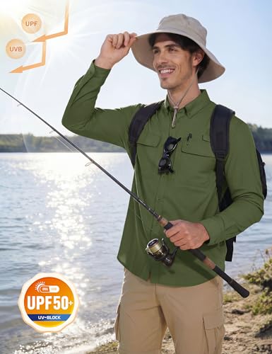 MAGCOMSEN Men's Sun Protection Fishing Shirts Long Sleeve UPF 50+ Quick Dry Cooling Button Down Shirt for Hiking Safari - color: Army Green, size: Large