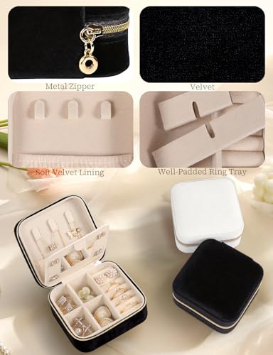 MFXIP Plush Velvet Travel Jewelry Case Small Jewelry Box Jewelry Organizer Storage Case Portable Jewelry Travel Case for Girls Womens Earring, Necklace, Rings,Bracelets with Mirror - color: Dark Black