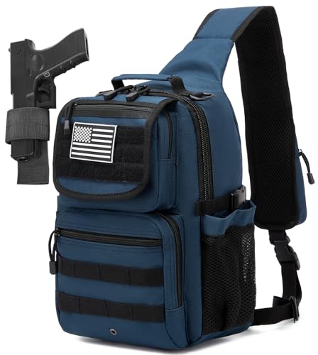 Tactical Sling Crossbody Bag Holster Shoulder Backpack 15L Water Bottle Holder Radio Pouch 6 Elastic Slots for Men Women Hiking Hunting Shooting - color: Navy Blue
