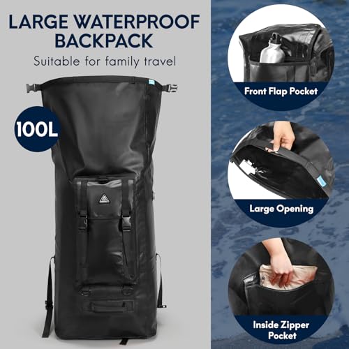 Haimont Large Waterproof Dry Backpack IPX7 Roll-top Dry Marine Dry Bag for Men Kayaking Rafting, 100L, Black - color: Black, size: 100L