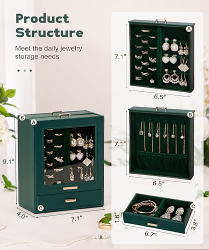 Homde Jewelry Organizer Girls Women Jewelry Box for Necklaces Rings Earrings Gift Bracelets Storage Case(Pink + Gold) - color: Forest Green + Gold