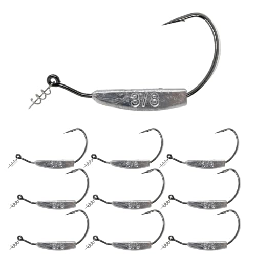 Reaction Tackle Weighted Swimbait Hooks - Weedless Belly Weighted Hooks with Twist Lock Bait Keeper for Soft Plastic Swimbaits - Bass Fishing Hooks (10-Pack) - size: 3/8oz 8/0