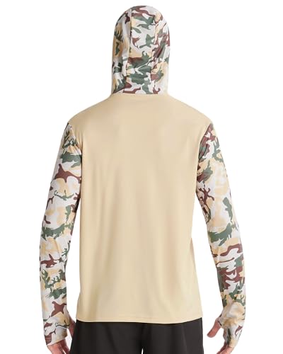 FISHEAL Men's Performance Fishing Hoodie Shirt - UPF 50+ UV Sun Protection Long Sleeve Shirts with Mesh Face Mask - color: Desert Sand Camo, size: Medium