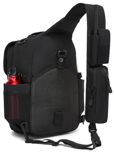 Tactical Sling Crossbody Bag Holster Shoulder Backpack 15L Water Bottle Holder Radio Pouch 6 Elastic Slots for Men Women Hiking Hunting Shooting - color: Black Flip