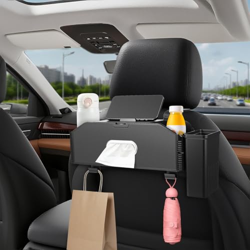 7-In-1 Car Seat Back Organizer with Cup Holders, Tissue Box, Removable Trash Can & Hooks, Multifunctional Car Seat Back Storage Box, Extra Headrest Cup Holder for Backseat (Black02) - color: Black02