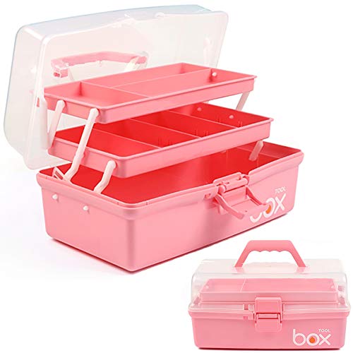 TERGOO 12in 3-Layer Plastic Craft Organizers and Storage, Portable Folding Tackle Box with Handle & Adjustable Dividers, Multipurpose Case for Sewing, Art Supplies, Medicine, Tools (Pink) - color: Pink