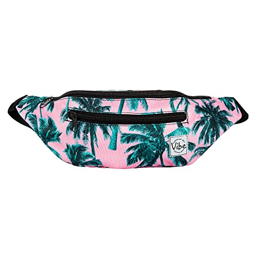 Vibe Festival Gear Rave Fanny Pack for Women Men – Festival, 4 Pockets, Adjustable Strap, Cute Waist Bag, Crossbody Belt Bag, Hiking, Running, Cycling - color: Palm Leaves Pink Tropical, size: Fits Most