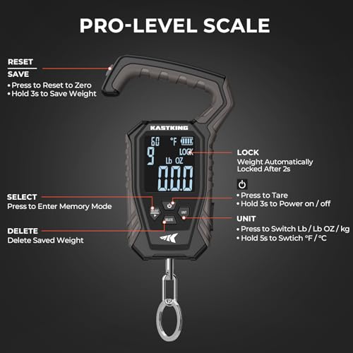 KastKing Weighmaster Mechanical-Digital Fishing Scale with Lip Gripper, 120 lb Capacity, 2.5" Backlit Display, High-Precision Sensor, 9 Weight Memory, Temperature Detection, IPX6 Waterproof - style: C: Black Combo