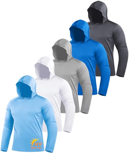ZITY 5 Pack Men's Sun Protection Long Sleeve Hoodie Shirts UPF 50+ Fishing Shirts Lightweight Athletic Rash Guard Sweatshirts - color: Lightblue/White/Lightgray/Azure/Darkblue, size: X-Large