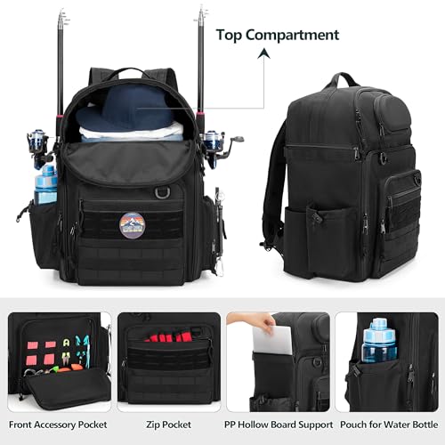 Rexmica 35L Fishing Tackle Backpack Bag with Cooler, Fishing Rod Bag Holds 2 Rods & Reels for Tackle Boxes or Other Fishing Gear, Fishing Pole Backpack, Black