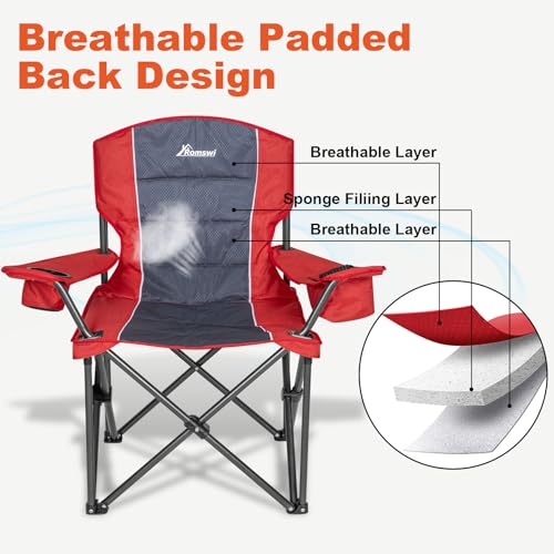 Romswi Oversized Camping Chairs,Heavy Duty Support 500 LBS,Padded Back & Arm Sport Chairs, Cup Holder Cooler Bag, Collapsible Folding Chairs for Outdoor, Fishing & Garden, Red,2-Pack - color: Red, style: XL Large