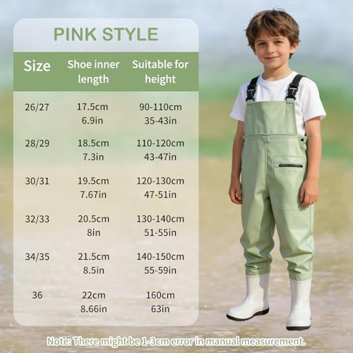 SooGree Kids Chest Wader with Non-Slip Boots,Youth Fishing Hunting Waterproof Waiters, Children Boys Girls Breathable Waders - color: Candy Green, size: Foot length：7.67"；Height：47.24"-51.18"