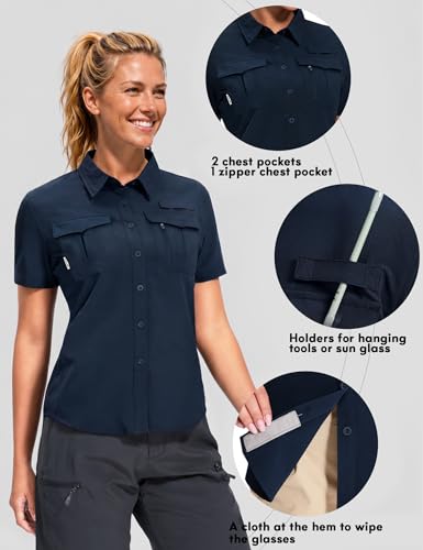 Haimont Women's UPF 50+ Short Sleeve Hiking Button Down Shirt | Quick-Dry Stretch, Mesh Back Vents, 2 Chest Pockets + Zip Pocket, Sunglasses Loop, Lens Cloth, Travel - color: Dark Blue, size: X-Small
