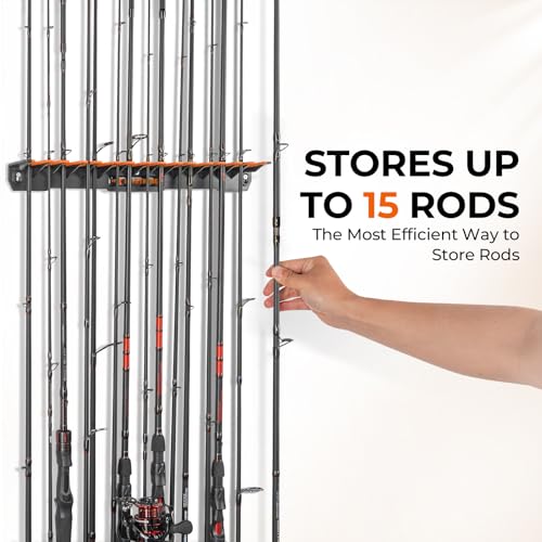 KastKing V15 Vertical Fishing Rod Holder – Wall Mounted Fishing Rod Rack, Store 15 Rods or Fishing Rod Combos in 17.25 Inches, Great Fishing Pole Holder and Rack - color: Black - 1 Pack（Store 15 rods）