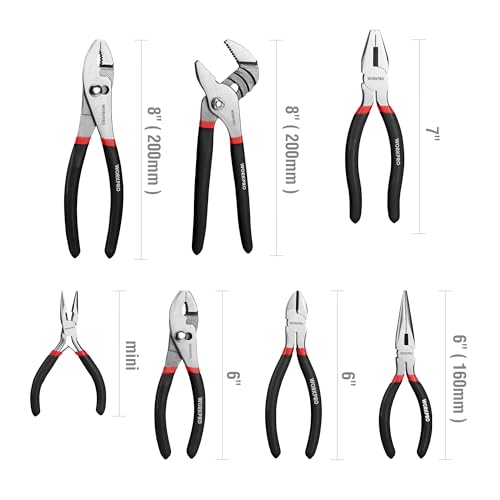 WORKPRO 7-piece Pliers Set, Black | Groove Joint Piler, Long Nose Piler, Slip Joint Piler, Linesman Piler, Diagonal Pliers for DIY & Home Use - color: Red, Black