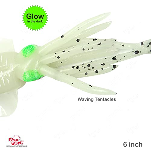 5pcs Chartreuse Glow Fish WOW! 6" Chase Squid Skirt Luminous Realistic Squid Octopus baits 3D Large Eyes Premium Quality Soft Plastic Fishing Lures Green