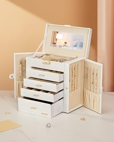 Homde Synthetic Leather Huge Jewelry Box Mirrored Watch Organizer Necklace Ring Earring Storage Lockable Gift Case (White + Gold) - color: White + Gold