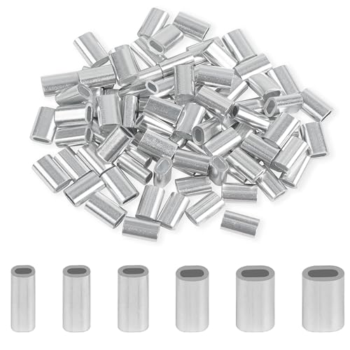 Aluminum Fishing Line Crimp Sleeves, 120pcs Single Barrel Oval Crimping Loop Sleeves Tubes Fishing Line Connector Fishing Wire Leader Rigging Tackle for Wire Rope Cable - size: 1.4*2.9mm-120pcs
