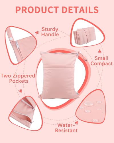 babygoal Wet Dry Bags for Baby Cloth Diapers, Washable Travel Bags, Beach, Pool, Gym Bag for Swimsuits & Wet Clothes with 2 Pockets 3 Pack 3LN09 - color: Pink