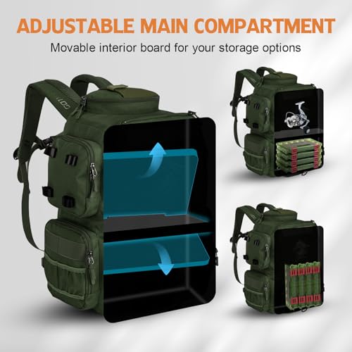 Goture Fishing Backpack, 58L 900D Water-Resistant Insulated Tackle Backpack with Cooler, Rod Holders, 8 Lure Pockets, Detachable Crossbody Bag, Gear Storage Large Fishing Bag for Camping Hiking - color: Green