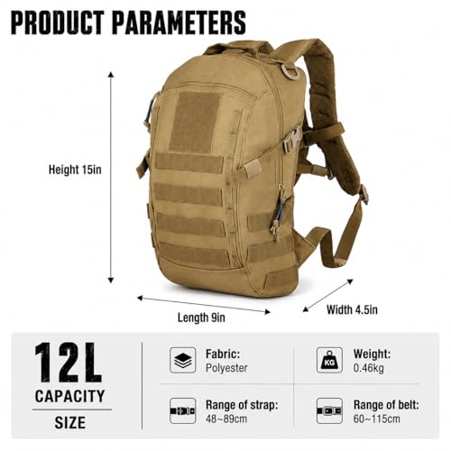 Small Tactical Hiking Backpack, 12L MOLLE Bookbag Daypack for Travel | MOLLE webbing expands carry options;compact,lightweight design fits hiking,school,camping,travel and daily use - color: Tan