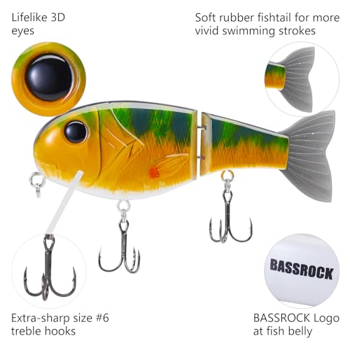 BASSROCK Topwater Fishing Lures for Bass Pike Salmon Floating Swimbait Jointed Crankbait Freshwater Saltwater 4.9in/1.76oz RK1001 - color: Perch, size: 3.9in/1.04oz