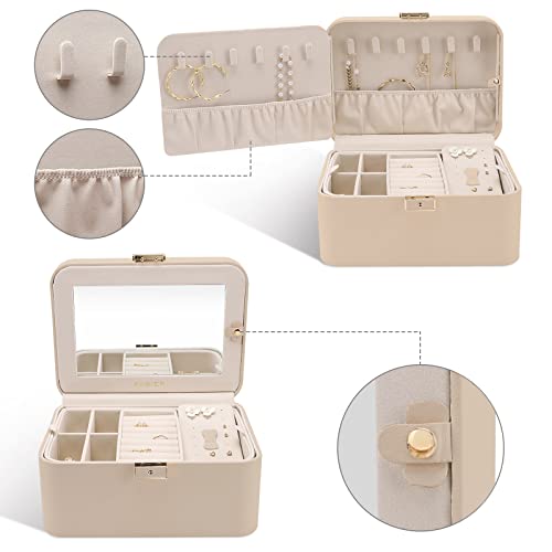 Upgraded Jewelry Box, 2 Layers PU Leather Jewelry Organizer for Women with Lock and Mirror, Hidden Necklace Hook and Removable Divider Large Capacity Travel Jewelry Box Ideal for Gift-With Gift Box - color: Beige, size: mirror
