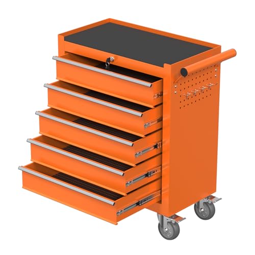 5-Drawer Rolling Tool Chest with Wheels, Metal Tool Storage Cabinet with Lock&Keys and Swivel, Toolbox with Drawers, Tool Box for Warehouse,Garage, Repair Shop, Workshop (Orange, 5-Drawer) - color: Orange, size: 5-Drawer
