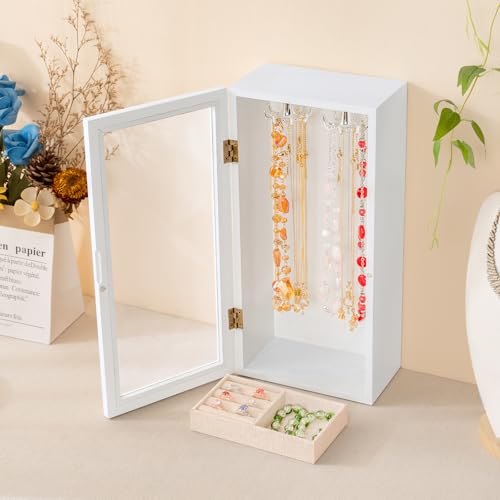 SINGLBA Necklace Holder Organizer, Wooden Jewelry Box for Women Girls, Rotatable Jewelry Organizer Case with Ring Tray Display & Storage for Necklaces Bracelets Rings Earrings, Gifts for Women Her - color: White