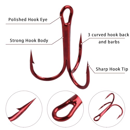 Fishing Treble Hooks Triple Fishing Hooks High Carbon Steel Barbed Sharp Round Bend Treble Hooks Replacement for Hard Lures Bait - color: Red, size: 6#-50pcs