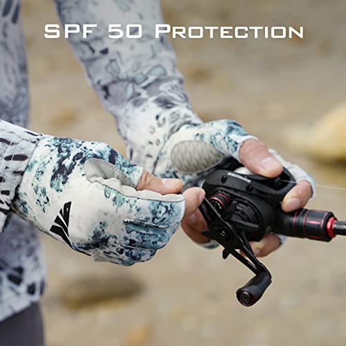KastKing La Sal Fishing Gloves UPF50+ Sun Gloves UV Protection Fingerless Gloves Men Women for Outdoor, Kayaking, Rowing, Paddling, Canoeing, Hunting - color: A: Boulder Camo Ice, size: Large-X-Large