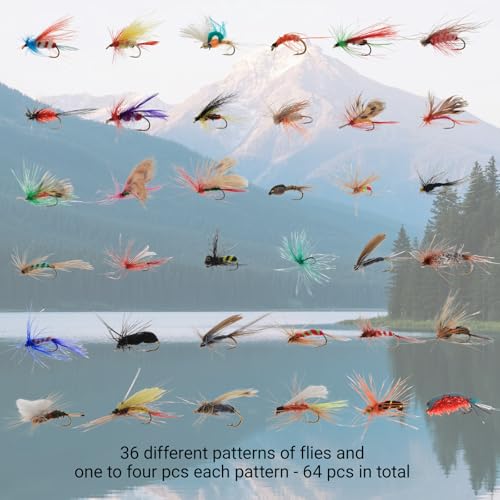 Fly Fishing Kit with Tackle Dry/Wet Fly Handcrafted Lures, Streamer for Trout, Bass, Salmon - color: 64pcs-d