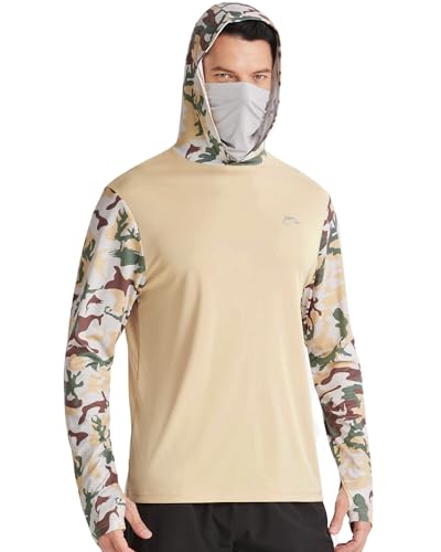 FISHEAL Men's Performance Fishing Hoodie Shirt - UPF 50+ UV Sun Protection Long Sleeve Shirts with Mesh Face Mask - color: Desert Sand Camo, size: Small
