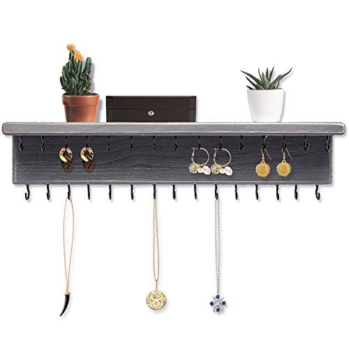 SANY DAYO HOME Jewelry Organizer with 30 Hooks and Cosmetics Shelf, 15 x 3 x 4 inches Wall Mounted Rustic Pine Wood Holder for Necklaces and Bracelets, Suitable for Kids and Adults (Gray) - color: 30 Hooks Grey