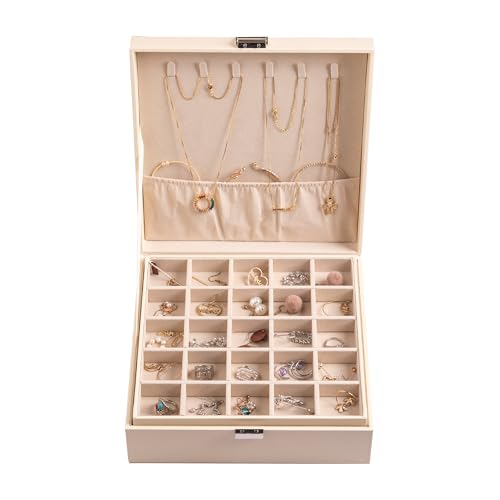 Frebeauty Earring Organizer Classic Jewelry Box 50 Slots Double Layer Jewelry Storage Case with 6 Necklace Hook and Bracelet Pocket(Beige) - color: Beige