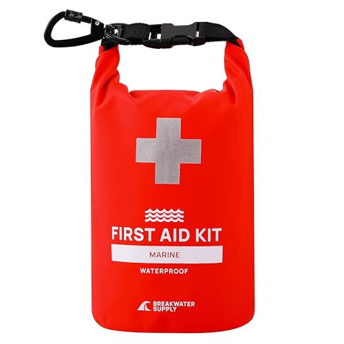 Breakwater Supply Waterproof Marine First Aid Kit for Boat, 100 Piece, Red | Boat Safety Tool Kit, AFAK Emergency Supplies in Dry Bag, IFAK Trauma Kit, for Kayaking, Jet Ski, Fishing, Surfing, Sailing