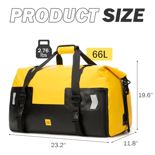 Large Waterproof Duffel Bag 66L - Heavy Duty Dry Bag for Motorcycle Touring, Sailing, Camping - 100% Watertight Travel Duffle Bag Backpack with Air Valve & Reflector - color: yellow, size: 66L
