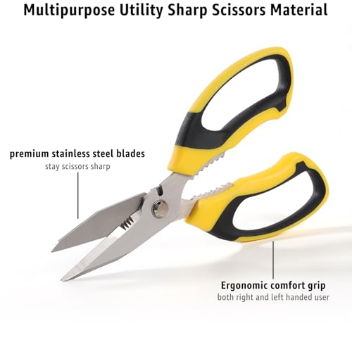 BoFuYuan Utility Scissors Heavy Duty: 8-Inch sharp Scissors All Purpose heavy duty, Serrated Blades Cut Carpet, Cardboard, Wire, Leather, Fabric, Multipurpose Shears for Kitchen, Garden, Office, Craft - color: Yellow