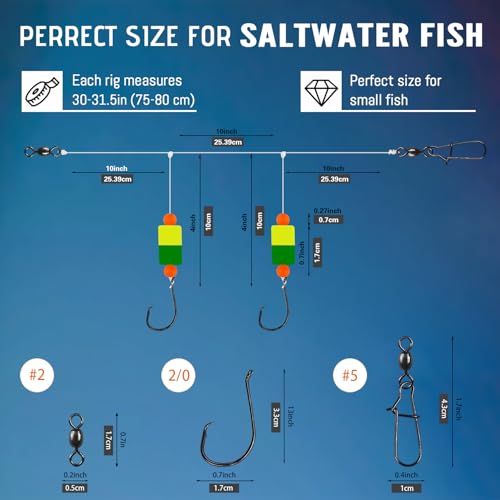 Pompano Rig Saltwater Surf Fishing Rigs – Double Drop Leader Rigs with Hooks, Floats, Beads & Snap – Easy Pre-Tied Terminal Tackle for Pompano, Whiting, Redfish - color: Assorted Colors–D, size: 6 Pack