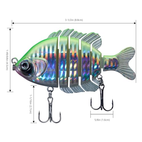 BASSDASH SwimPanfish Multi Jointed Panfish Bluegill Swimbaits Hard Topwater Bass Lures Fishing Lure Crank Saltwater 3.5in/0.85oz - color: Green/Silver
